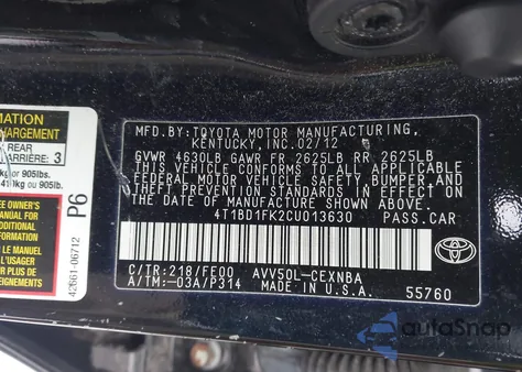 2012 Toyota Camry Hybrid Le from USA, damaged, VIN 4T1BD1FK2CU013630